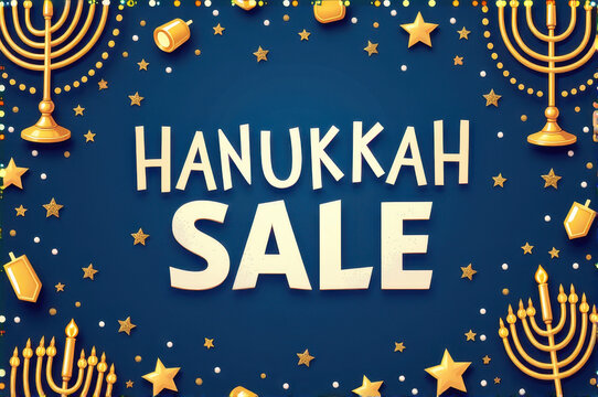 Vector illustration of decorative menorahs, dreidels, and golden stars surrounding bold "Hanukkah Sale" text on a deep blue background, festive holiday promotion concept. - Powered by Adobe