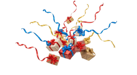 Celebration Gifts With Colorful Ribbons And Streamers Making A Festive Burst