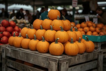 A bountiful display of orange pumpkins arranged pyramid-style at a bustling outdoor market. Autumn harvest.