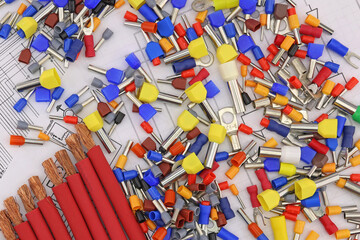 Fototapeta premium Materials for assembling the electrical control panel. Close-up. Soft focus. 