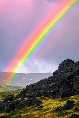Icelandic landscape rainbow, volcanic rock, pastoral scene, hope, travel