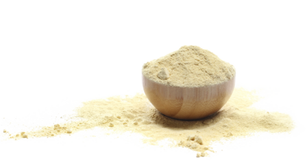 Pile ashwagandha powder in bamboo bowl, (Withania somnifera) isolated on white, side view