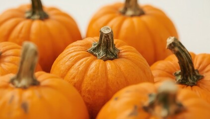 Close-up of a cluster of vibrant orange pumpkins, their stems adding texture and autumn charm.