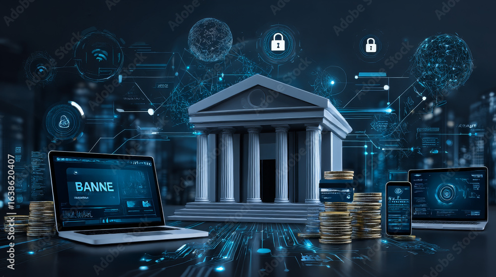 Poster digital marketing and online banking technology. financial digital innovation technology. finance an