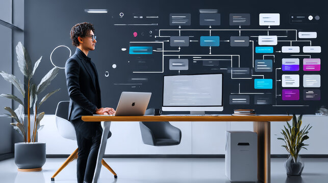 Scheme hierarchy management of corporate. Digital technology of business process and workflow automation with flowchart and processing management. - Powered by Adobe