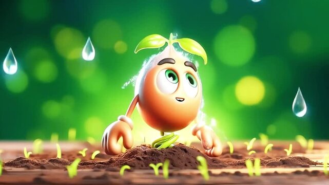 3D funny seed cartoon germinating in the soil with falling water droplets. Biology concepts