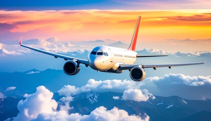 Fototapeta premium Airplane soaring above a landscape of clouds and mountains during a sunrise or sunset.