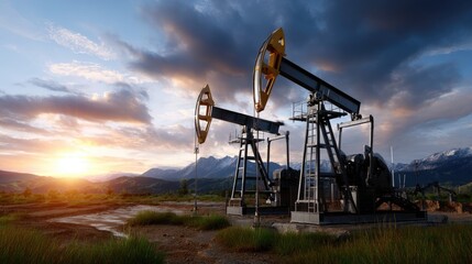 Naklejka premium Industrial oil pumps actively extracting crude petroleum fuel from the earth. Mechanical derricks operating under a dramatic sunset sky, wide landscape views.