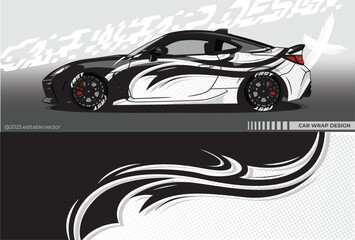 Illustration vector grahic of Car wrap decal with abstract design. Black white colour. Livery car editable. Mockup template sticker vinyl for racing, rally, or daily use.	