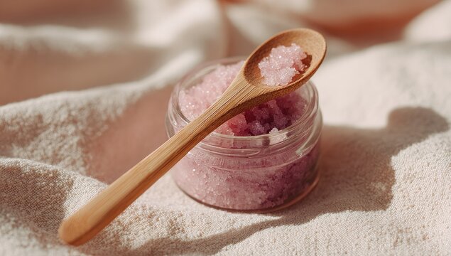 Pink sugar scrub in glass jar, wooden spoon, beige fabric, sunlight, spa treatment - Powered by Adobe