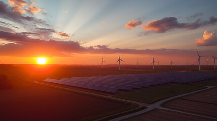 Fototapeta premium Aerial View of Green Energy Facilities in a Rural Setting at Sunset, Highlighting Environmental Innovation and Renewable Resource Management,