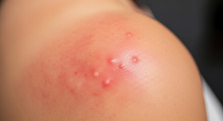Close up of skin with inflamed acne pustules and redness on shoulder area view