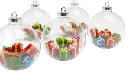 Transparent Christmas Tree Ornaments Filled With Tiny Gifts And Ribbons For Festive Holiday Decorations