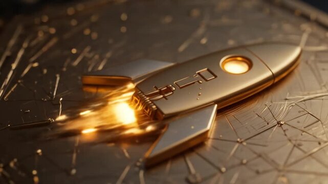 Spaceship icon innovation concept engraved on a golden metal hexagonal base background. Rocket startup logo glowing on an abstract digital surface. 3D rendering. 4k video.