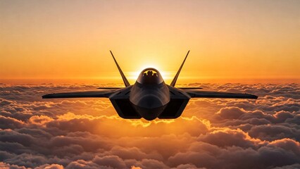 A striking frontal shot of a fighter jet soaring above the clouds at sunset, emphasizing power, aviation, military technology, and freedom against a golden sky.