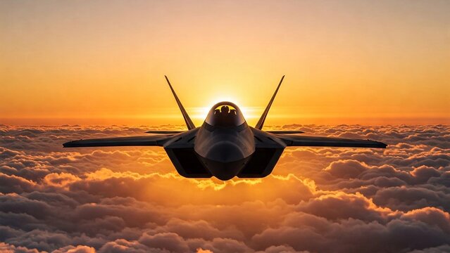 A striking frontal shot of a fighter jet soaring above the clouds at sunset, emphasizing power, aviation, military technology, and freedom against a golden sky. - Powered by Adobe