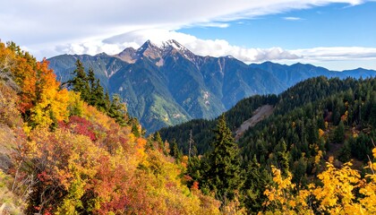 Autumn foliage blankets mountain slopes, showcasing a vibrant display of colors.
