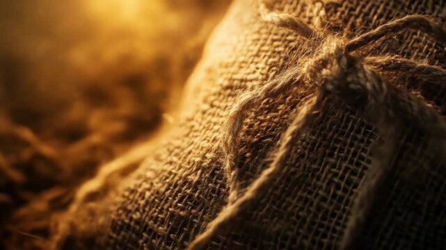 Detailed close-up of a burlap sack with tied strings revealing rustic texture and natural fiber
