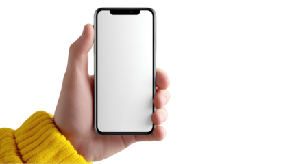 Hand holding smartphone with blank screen isolated on transparent background