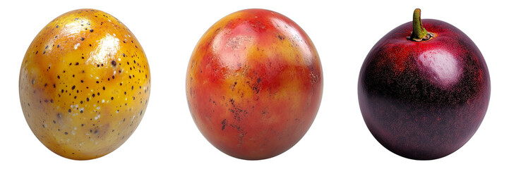 Obraz premium Three different colored fruit balls are shown in a row