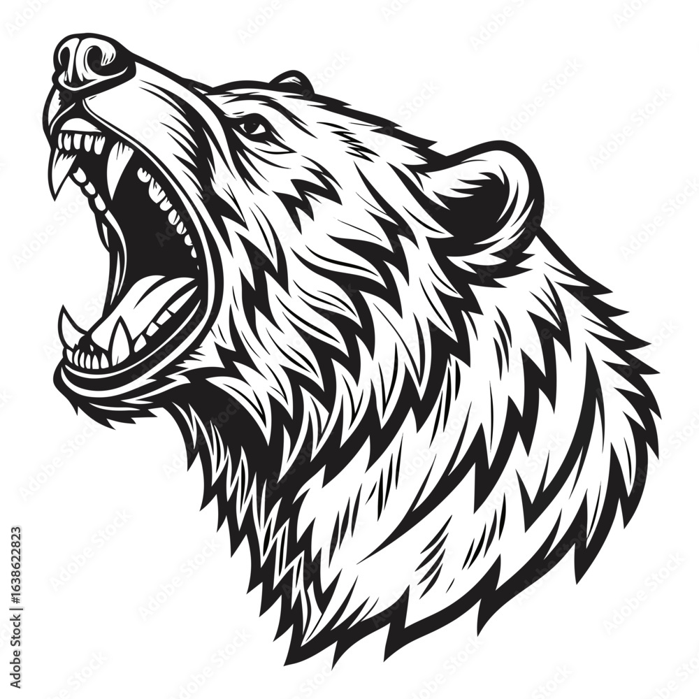 Poster detailed monochrome illustration of a roaring bear head with sharp teeth and fur texture design elem