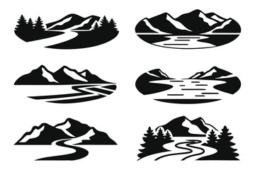 Mountain river landscape vector silhouette graphics