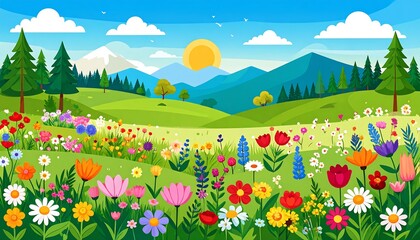 Colorful wildflowers bloom in a grassy meadow, surrounded by mountains and trees.