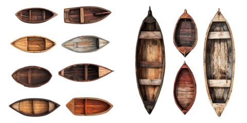 A collection of old wooden boats are shown in various sizes and shapes