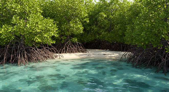 Lush green mangrove trees with intricate aerial roots arching over shallow, clear turquoise water and a sandy shore.