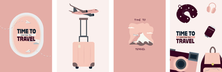 Set of travel posters in pink tones with suitcase, airplane, passport, camera, map, and vacation essentials. Ideal for commercial use in tourism, advertising, social media, and print.