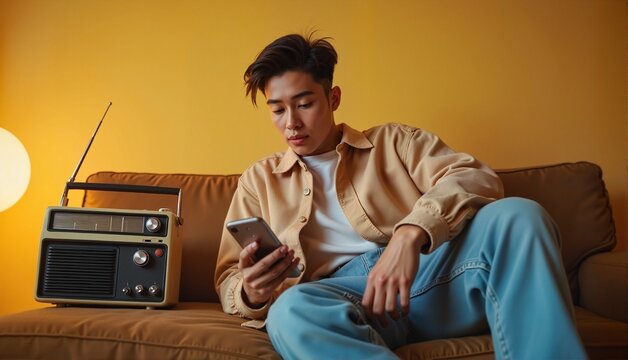 Asian young man focused on smartphone while relaxing on a brown couch with vintage radio against a warm yellow background, retro concept of media and technology