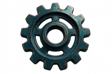 Close-up of a rusty blue metallic gear rotating on a transparent background, symbolizing industrial processes and complex mechanisms