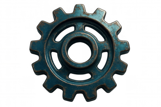 Close-up of a rusty blue metallic gear rotating on a transparent background, symbolizing industrial processes and complex mechanisms