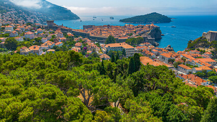 Dubrovnik old town. Aerial view at famous european travel destination in Croatia.