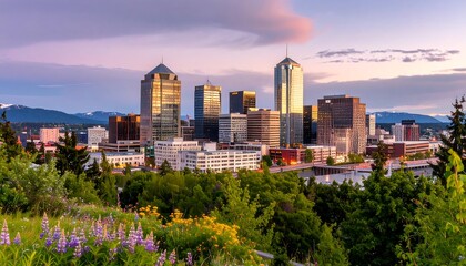 City skyline at golden hour with lush greenery.