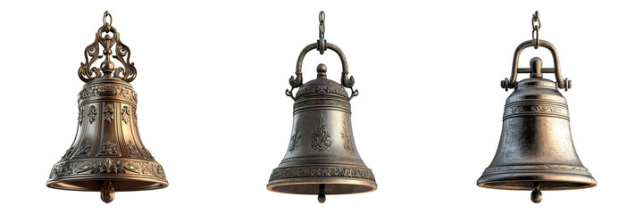 Three bells hanging from a chain, one is silver and the other two are gold