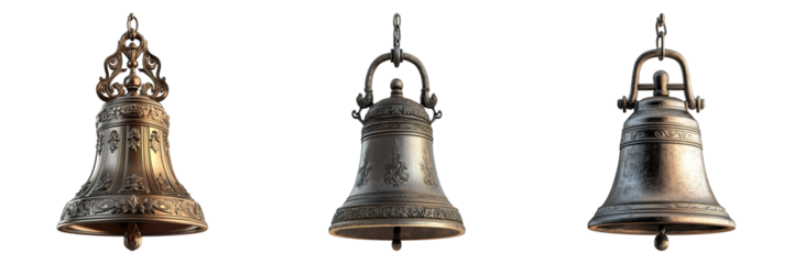 Three bells hanging from a chain, one is silver and the other two are gold