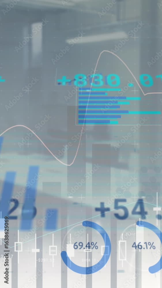 Poster animation of financial graphs and changing numbers on grey background