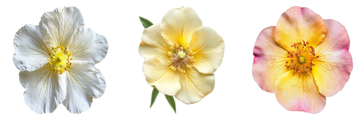 Three flowers of different colors are shown in a row