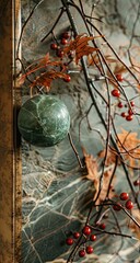 Autumnal marble sphere decor, indoor scene, fall leaves, nature background, home decor