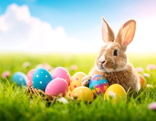 Easter bunny with colorful eggs in a meadow