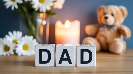 A sentimental tribute to a beloved father featuring the word dad spelled out in wooden blocks with a lit candle and daisies in the background