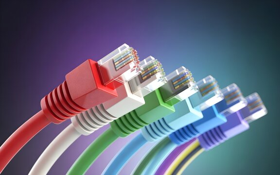 A vibrant array of colorful ethernet network cables with rj45 connectors arranged in a pleasing curve against a gradient background