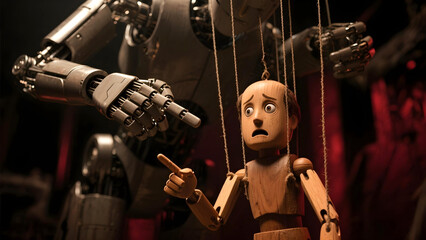 Large humanoid robot manipulating shocked wooden puppet on stage concept of AI dominance control and technological power imbalance