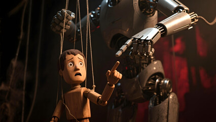 Large humanoid robot manipulating distressed wooden puppet with strings concept of AI control automation and human subjugation in dramatic lighting