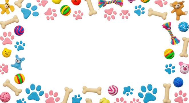 A Whimsical Border of Adorable Doggy Playthings and Pet Accessories