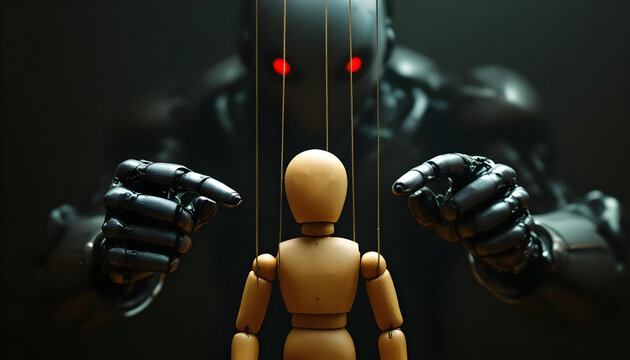 Large humanoid robot manipulating shocked wooden puppet on stage concept of AI dominance control and technological power imbalance