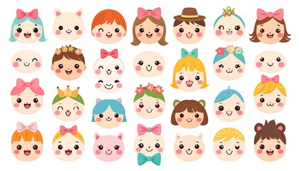 Collection of cute cartoon faces with various expressions.