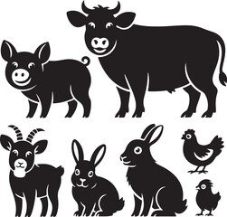 Collection of Farm Animal Silhouettes: Cow, Pig, Goat, Rabbits, Chicken, Chick