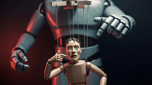 Large humanoid robot manipulating distressed wooden puppet with strings concept of AI control automation and human subjugation in dramatic lighting